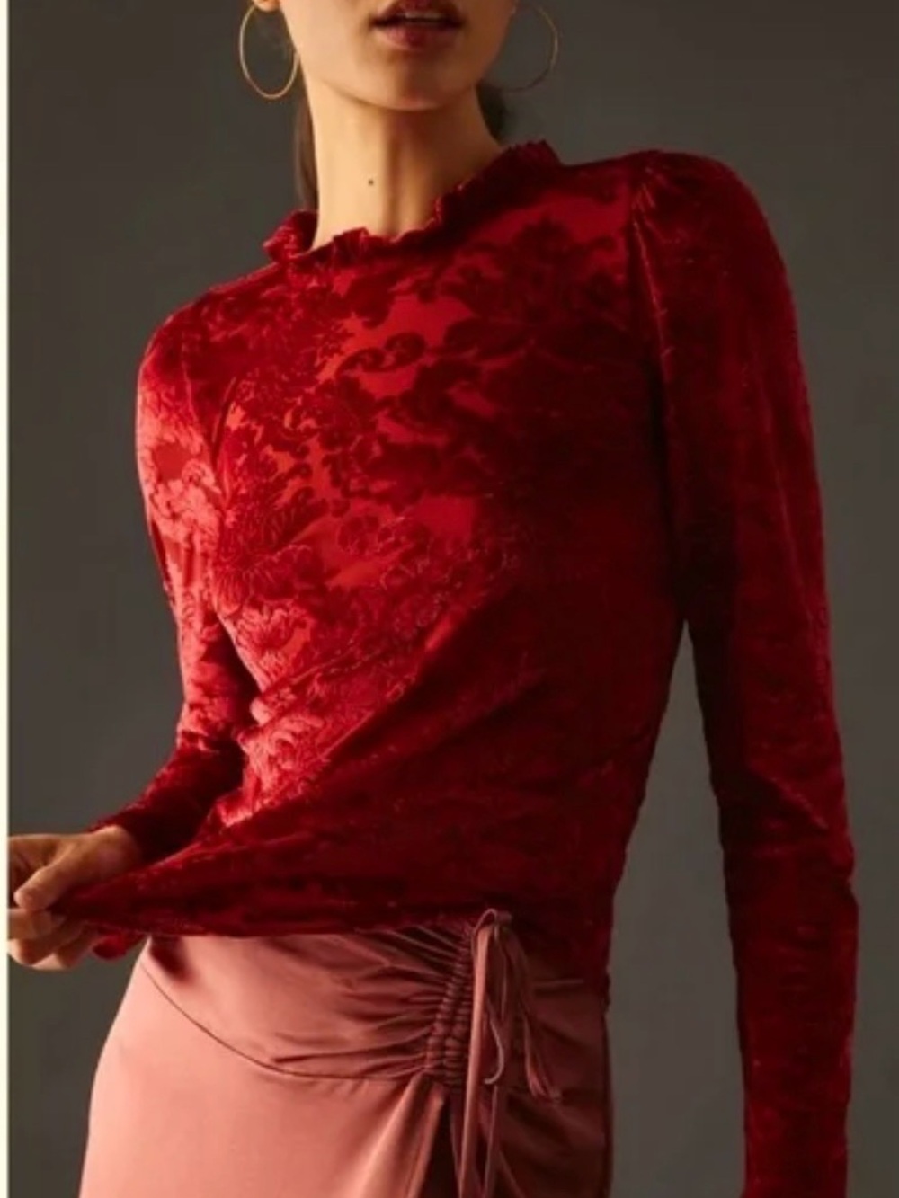 Anthropologie Red Velvet Burnout Long-Sleeve Top